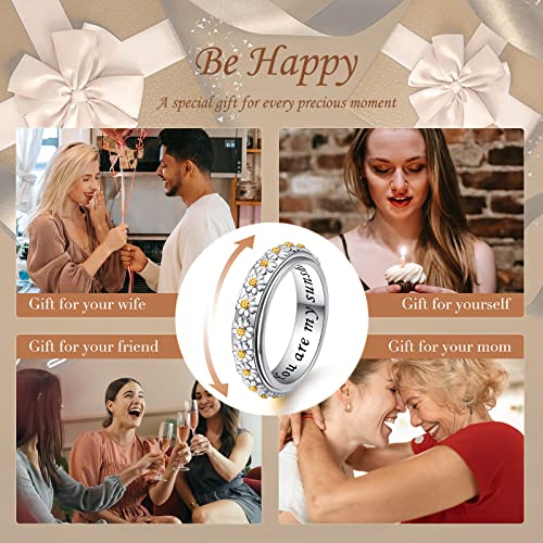Ladytree Daisy Anxiety Relieve Spinner Rings You Are My Sunshine Flower Fidget Ring Sterling Silver ADHD Stress Relieving Ring for Women Size 6