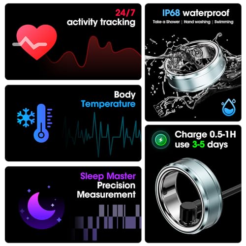 Smart Ring Bluetooth IP68 Waterproof Fitness Tracker, Health & Step Monitoring, Lightweight Sport Smart Rings for Men Cyan US11