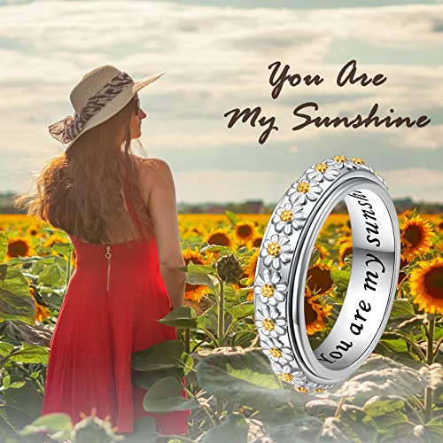 Ladytree Daisy Anxiety Relieve Spinner Rings You Are My Sunshine Flower Fidget Ring Sterling Silver ADHD Stress Relieving Ring for Women Size 6