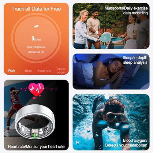 𝐒𝐦𝐚𝐫𝐭 𝐑𝐢𝐧𝐠,Wearable Fitness Smart Ring Health Tracker,Sleep Quality & Heart Rate & Blood Oxygen Monitoring,IP68 Waterproof,No Subscription Fees,Smart Ring for Women, Men (Sliver,Size 8)