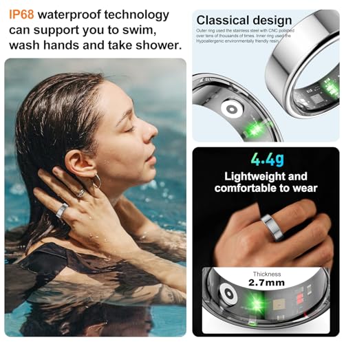 NEWTRENDS Smart Ring, Heart Rate/Sleep/Blood Oxygen Monitoring, Step Count, Wearable Fitness Tracker, APP Bluetooth Connected, IP68 Waterproof,Silver (Size 10)