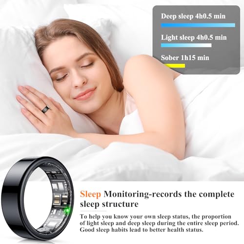 NEWTRENDS Smart Ring, Heart Rate/Sleep/Blood Oxygen Monitoring, Step Count, Wearable Fitness Tracker, APP Bluetooth Connected, IP68 Waterproof, 7 Days Battery Life, Black (Size 9)