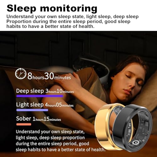 MEETSHERRY Smart Ring Gold | Sleep Heart Rate Blood Oxygen IP68 | Bluetooth Fitness Tracker for Men Women | Stylish Design, 7-9 Days Battery Size 11#