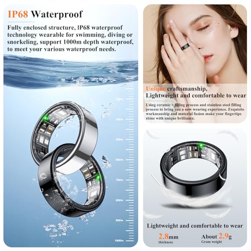 NEWTRENDS Smart Ring, Heart Rate/Sleep/Blood Oxygen Monitoring, Step Count, Wearable Fitness Tracker, APP Bluetooth Connected, IP68 Waterproof, 7 Days Battery Life, Black (Size 9)
