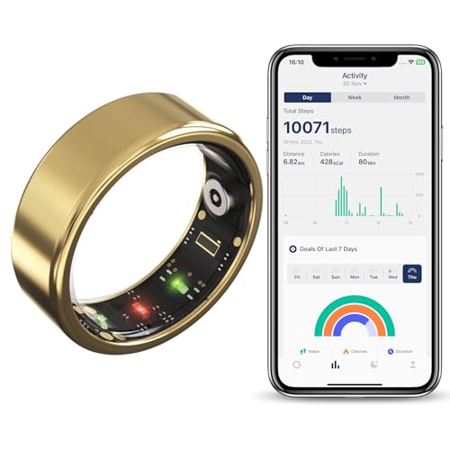 OULENCU 2024 Smart Ring, Health Tracker, Fitness Smart Ring, Bluetooth 5.0 Heart Rate Monitor, Activity Tracker, Sleep Monitor, Blood Oxygen Monitor, Calorie Tracker (Gold, 6-16.5mm)