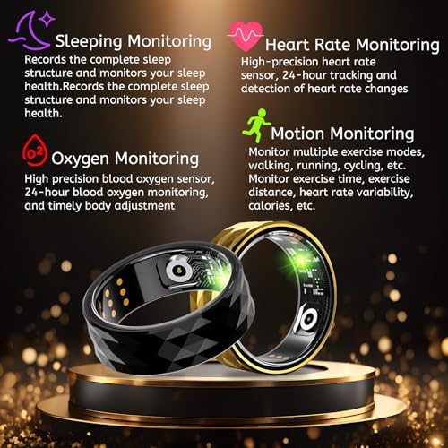 Smart Ring with Calories, Heart Rate,Step Counter, Heart Rate & Blood Oxygen Monitor, Sleep Tracking, and IP68 Waterproof - No App Subscription, Compatible with Android 5.1+ & iOS 8.0+ (Gold, 9)