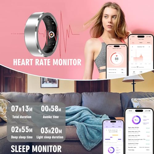 Smart Ring for Women/Men Fitness Rings Health Tracker Rings, Free App 5-7 Days Battery,Heart Rate,Blood Oxygen Silver(Diameter 19.2 mm)