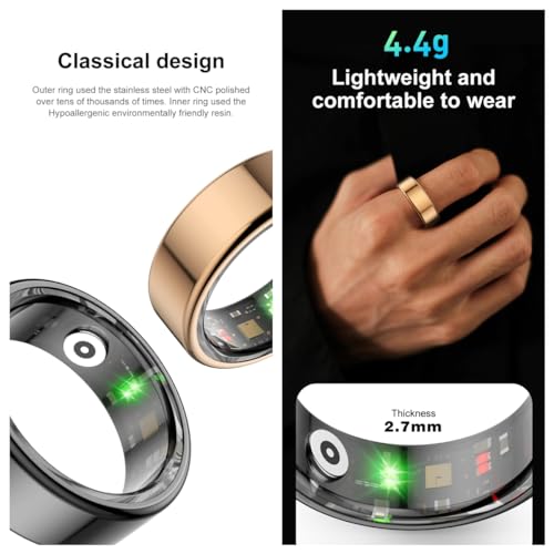 EOGBM Smart Rings for Men, Fitness Trackers for Women - Sleep Tracking Wearable - Heart Rate - Blood Oxygen - IP68 Waterproof, Compatible with Android & iOS（Rose Gold） (9#)