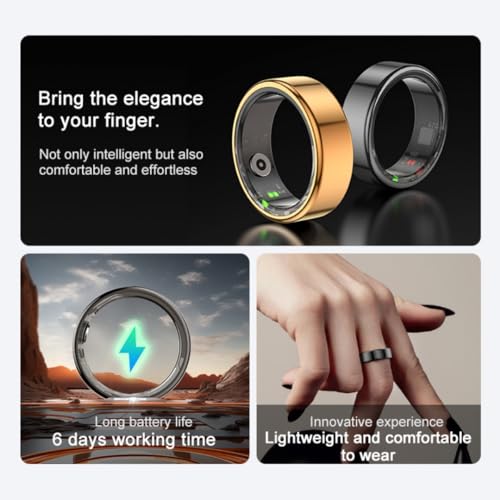 Dulutuxe Smart Ring Fitness Tracker, Health Sleep Heart Rate Blood Oxygen Tracker Smart Ring, Waterproof Bluetooth Tracker Rings (Gold, 10)