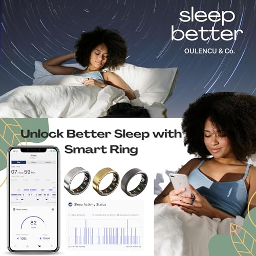 OULENCU 2024 Smart Ring, Health Tracker, Fitness Smart Ring, Bluetooth 5.0 Heart Rate Monitor, Activity Tracker, Sleep Monitor, Blood Oxygen Monitor, Calorie Tracker (Gold, 6-16.5mm)