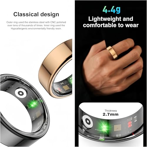 EOGBM Smart Ring Fitness Tracker Health Heart Rate, Oximetry, Sleep, Exercise Monitoring, Compatible with iOS and Android (Rose Gold) (10#)