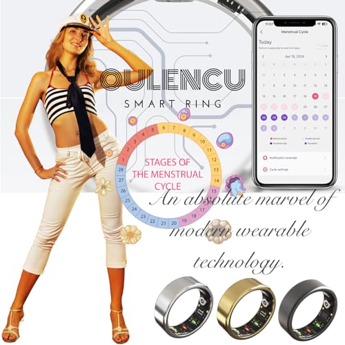 OULENCU 2024 Smart Ring, Health Tracker, Fitness Smart Ring, Bluetooth 5.0 Heart Rate Monitor, Activity Tracker, Sleep Monitor, Blood Oxygen Monitor, Calorie Tracker (Gold, 6-16.5mm)