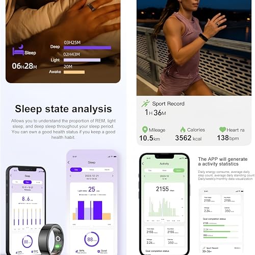 EOGBM Smart Ring Fitness Tracker Health Heart Rate, Oximetry, Sleep, Exercise Monitoring, Compatible with iOS and Android (Rose Gold) (10#)