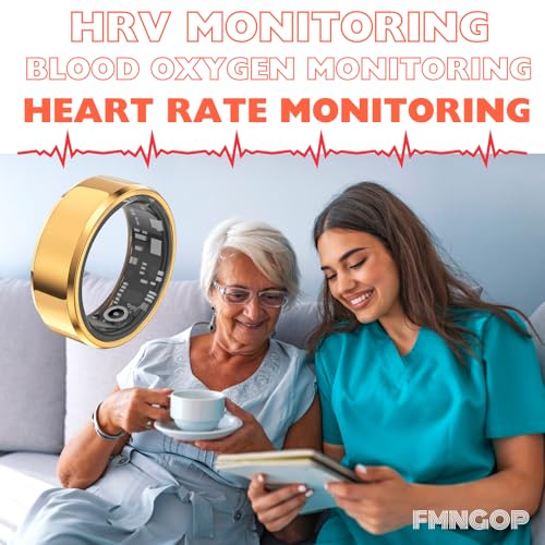 FMNGOP 2024 New Smart Ring, Bluetooth 5.0 Heart Rate Monitor, Activity Tracker, Sleep Monitor, Health Tracker, Menstrual Cycle Tracker, Blood Oxygen Monitor, Calorie Tracker (Gold, 8-57.0mm/2.24in)