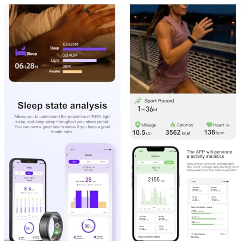 EOGBM Smart Ring Fitness Tracker Health Heart Rate, Oximetry, Sleep, Exercise Monitoring, Compatible with iOS and Android (Black) (9#)