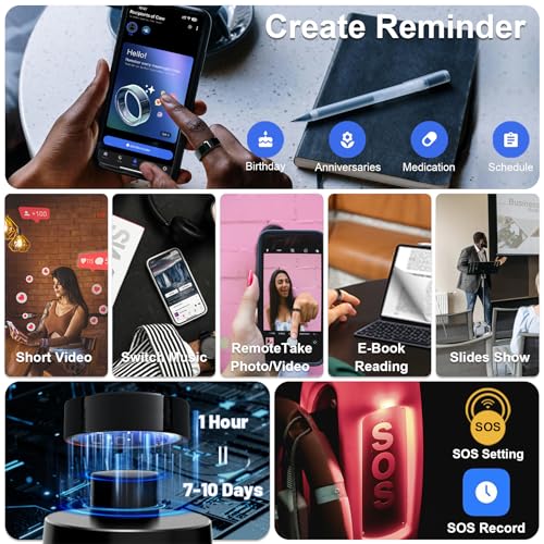 AMZAIZO Smart Ring Health Fitness Tracker,Sleep&Exercise Monitor Heart Rate,Blood Oxygen,Temp,Steps,Distance,Calories,Event Reminders,Air Gestures,SOS,5ATM Waterproof,for iOS & Android (#8)