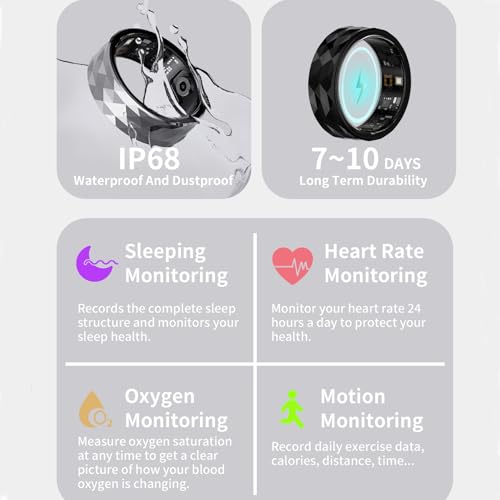 Smart Ring, Activity & Fitness Tracker Ring for Women/Men, No APP Subscription, Fitness Tracking Smart Ring with Calories/Heart Rate/Blood Oxygen/Sleep Monitoring, IP68 Waterproof-9#, Black