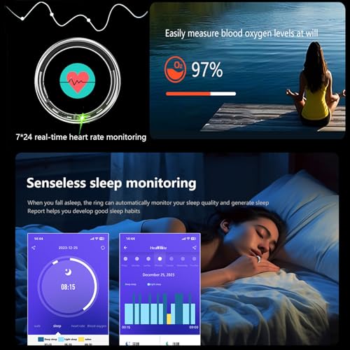Akimomaty Smart Ring Fitness Tracker for Men Women, Health Sleep Heart Rate Blood Oxygen Tracker Smart Ring with Wireless Charger Box, IP68 Waterproof Bluetooth Tracker Rings (Black# 12)