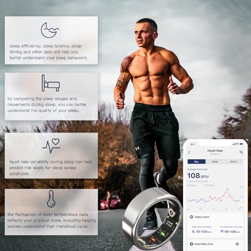 OULENCU 2024 Smart Ring, Health Tracker, Fitness Smart Ring, Bluetooth 5.0 Heart Rate Monitor, Activity Tracker, Sleep Monitor, Blood Oxygen Monitor, Calorie Tracker (Gold, 6-16.5mm)