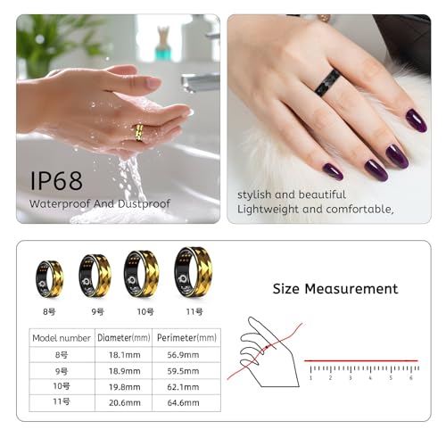 Smart Ring with Calories, Heart Rate,Step Counter, Heart Rate & Blood Oxygen Monitor, Sleep Tracking, and IP68 Waterproof - No App Subscription, Compatible with Android 5.1+ & iOS 8.0+ (Gold, 9)