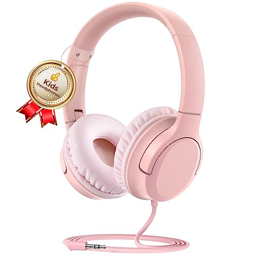 DyBaxa Kids Headphones, Wired Foldable On-Ear Headphones for Kids, Volume Limiter 94dB, Kid Headphones for School Classes Travel, 3.5mm Jack Kids Headset Compatible Smartphones Tablet, Pink
