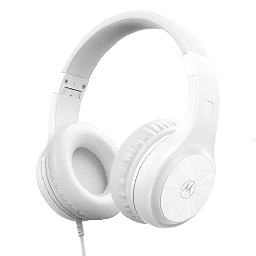 Motorola Sound Moto XT120 Over Ear Headphones Wired with Microphone, in-Line Control for Calls - Foldable Wired Headphones with Adjustable Cushioned Headband, Dynamic Bass, Clear Sound - White