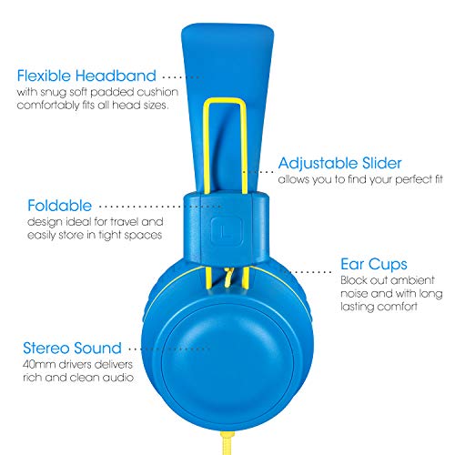 Kids Headphones-Noot Products K33 Foldable Stereo Tangle-Free 5ft Long cord 3.5mm Jack Plug in Wired On-Ear Headset for Children/Teens/Boys/Girls/ipad/School/Kindle/Travel/Plane/Tablet (Electric Blue)