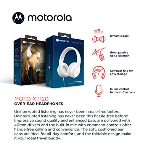 Motorola Sound Moto XT120 Over Ear Headphones Wired with Microphone, in-Line Control for Calls - Foldable Wired Headphones with Adjustable Cushioned Headband, Dynamic Bass, Clear Sound - White