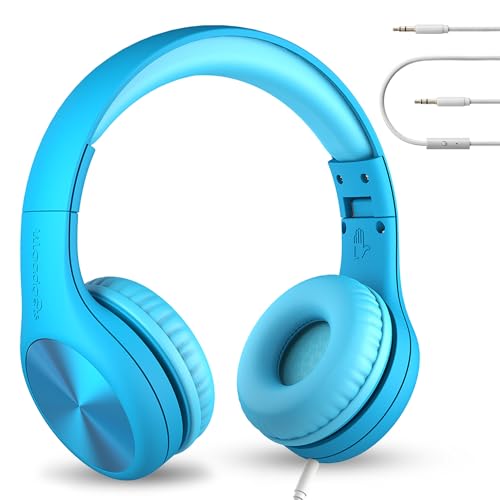 LilGadgets Connect+ Pro Wired Kids Headphones for School with Microphone, Volume Limiting & Noise Cancelling Over-Ear Headset with Cord, SharePort Technology & SoftTouch Padding, Blue