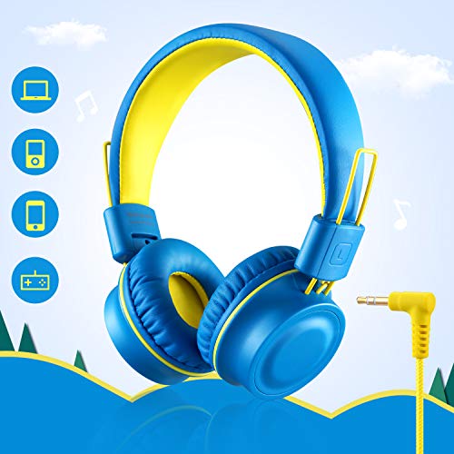 Kids Headphones-Noot Products K33 Foldable Stereo Tangle-Free 5ft Long cord 3.5mm Jack Plug in Wired On-Ear Headset for Children/Teens/Boys/Girls/ipad/School/Kindle/Travel/Plane/Tablet (Electric Blue)