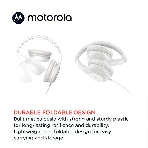 Motorola Sound Moto XT120 Over Ear Headphones Wired with Microphone, in-Line Control for Calls - Foldable Wired Headphones with Adjustable Cushioned Headband, Dynamic Bass, Clear Sound - White