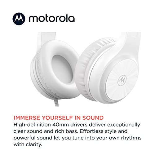 Motorola Sound Moto XT120 Over Ear Headphones Wired with Microphone, in-Line Control for Calls - Foldable Wired Headphones with Adjustable Cushioned Headband, Dynamic Bass, Clear Sound - White