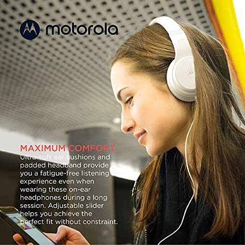 Motorola Sound Moto XT120 Over Ear Headphones Wired with Microphone, in-Line Control for Calls - Foldable Wired Headphones with Adjustable Cushioned Headband, Dynamic Bass, Clear Sound - White