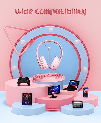 DyBaxa Kids Headphones, Wired Foldable On-Ear Headphones for Kids, Volume Limiter 94dB, Kid Headphones for School Classes Travel, 3.5mm Jack Kids Headset Compatible Smartphones Tablet, Pink