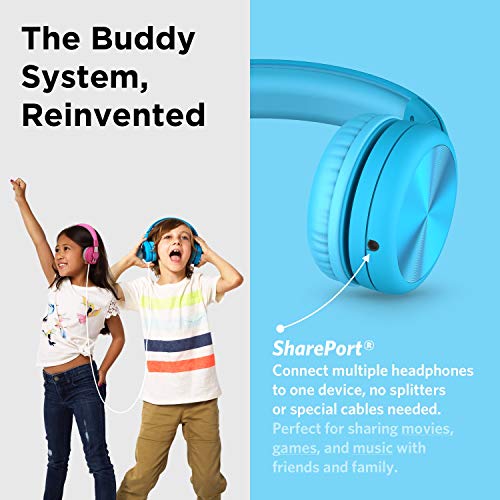 LilGadgets Connect+ Pro Wired Kids Headphones for School with Microphone, Volume Limiting & Noise Cancelling Over-Ear Headset with Cord, SharePort Technology & SoftTouch Padding, Blue