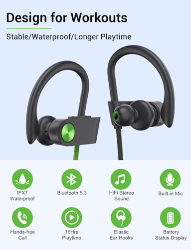 Stiive Bluetooth Headphones, 5.3 Wireless Sports Earbuds IPX7 Waterproof with Mic, Stereo Sweatproof in-Ear Earphones, Noise Cancelling Headsets for Gym Running Workout, 16 Hours Playtime - GreenBlack