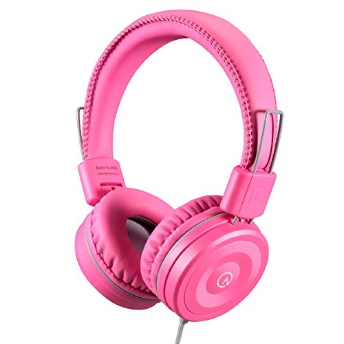 noot products Kids Headphones K22 Foldable Stereo Tangle-Free 5ft Long Cord 3.5mm Jack Plugin Wired On-Ear Headset for iPad/Amazon Kindle Fire/Girls/School/Laptop/Travel/Plane/Tablet FlamingoPink