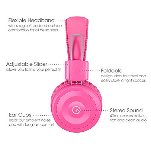 noot products Kids Headphones K22 Foldable Stereo Tangle-Free 5ft Long Cord 3.5mm Jack Plugin Wired On-Ear Headset for iPad/Amazon Kindle Fire/Girls/School/Laptop/Travel/Plane/Tablet FlamingoPink