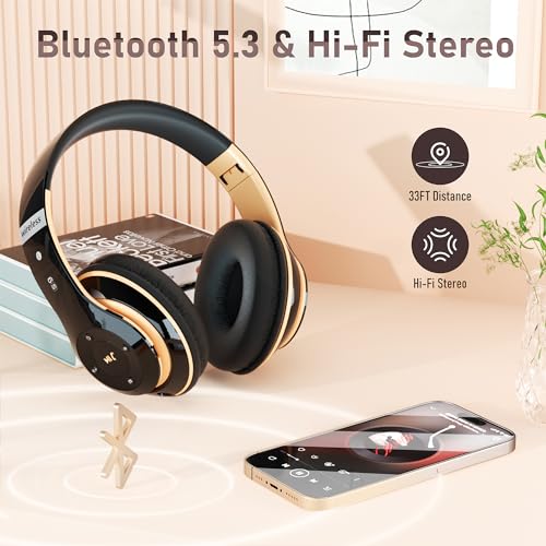 Falebare Bluetooth Headphones Over Ear, 6S Wireless Headphones Wired with 6 EQ Modes, 40 Hours Playtime Foldable HiFi Stereo Headset with Microphone, FM/TF for Cellphone/PC/Work (Black & Gold)