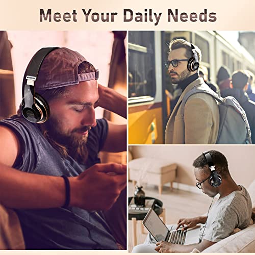 Falebare Bluetooth Headphones Over Ear, 6S Wireless Headphones Wired with 6 EQ Modes, 40 Hours Playtime Foldable HiFi Stereo Headset with Microphone, FM/TF for Cellphone/PC/Work (Black & Gold)