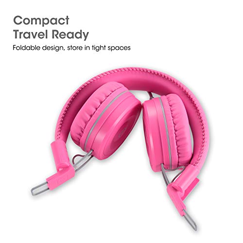 noot products Kids Headphones K22 Foldable Stereo Tangle-Free 5ft Long Cord 3.5mm Jack Plugin Wired On-Ear Headset for iPad/Amazon Kindle Fire/Girls/School/Laptop/Travel/Plane/Tablet FlamingoPink
