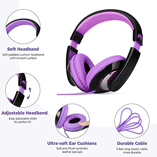 rockpapa Comfort Kids Headphones for School, Lightweight Childrens Boys Girls Teens Over-Ear Headphones Wired 3.5mm for CD DVD Player Tablet Phone Travel Black/Purple