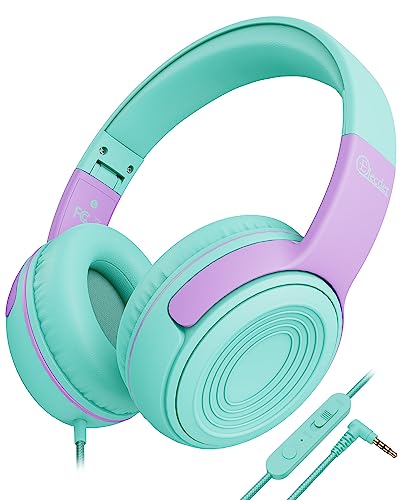 ELECDER Kids Headphones, S8 Wired Headphones for Kids with Microphone for Boys Girls, Adjustable 85dB/94dB Volume Limited, 3.5 mm Jack for/Kindle/Smartphones/Tablet/Airplane Travel(Green/Purple)