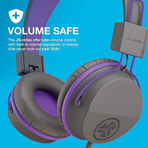 JLab JBuddies Studio On-Ear Kids Wired Headphones, Graphite/Purple, Toddler Headphones, Kid Safe, Studio Volume Safe, Volume Limiter, Folding, Adjustable, Noise Isolation, with Mic