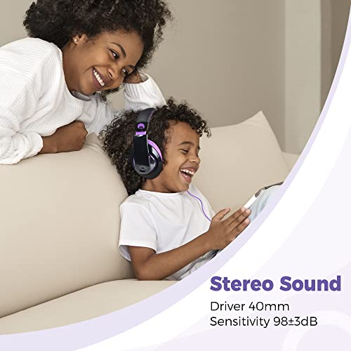 rockpapa Comfort Kids Headphones for School, Lightweight Childrens Boys Girls Teens Over-Ear Headphones Wired 3.5mm for CD DVD Player Tablet Phone Travel Black/Purple