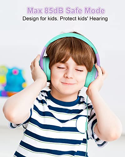 ELECDER Kids Headphones, S8 Wired Headphones for Kids with Microphone for Boys Girls, Adjustable 85dB/94dB Volume Limited, 3.5 mm Jack for/Kindle/Smartphones/Tablet/Airplane Travel(Green/Purple)