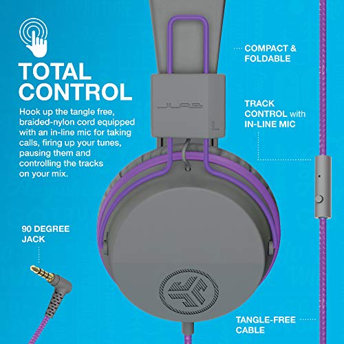 JLab JBuddies Studio On-Ear Kids Wired Headphones, Graphite/Purple, Toddler Headphones, Kid Safe, Studio Volume Safe, Volume Limiter, Folding, Adjustable, Noise Isolation, with Mic