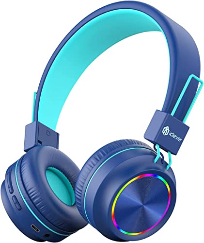iClever Kids Bluetooth Headphones LED Light Up with Safe Volume, 25H Playtime, Stereo Sound Mic, Bluetooth 5.0, Foldable, On Ear Kids Wireless Headphones for Tablet/Airplane/Travel, BTH03 Blue