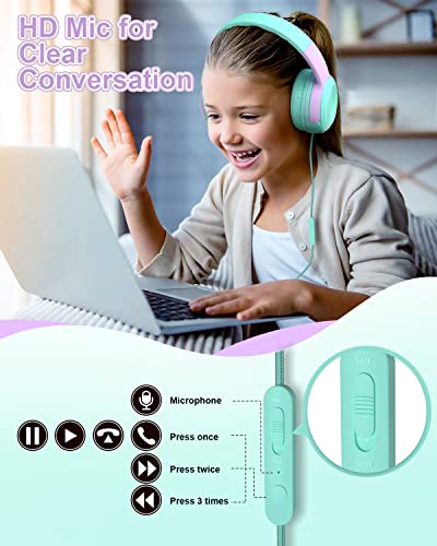 ELECDER Kids Headphones, S8 Wired Headphones for Kids with Microphone for Boys Girls, Adjustable 85dB/94dB Volume Limited, 3.5 mm Jack for/Kindle/Smartphones/Tablet/Airplane Travel(Green/Purple)