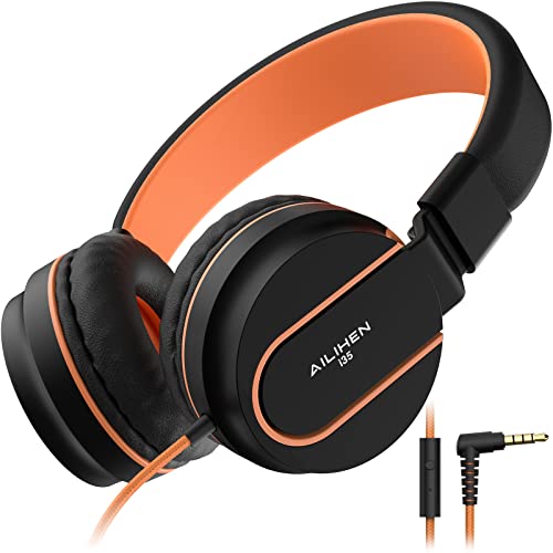 AILIHEN Kids Headphones, I35 On-Ear Headphones for School, Safe Volume 93dB, HD Mic Stereo Headphone for Kid Girls Boys, Foldable 3.5mm Wired for Chromebook, Laptop, Computer, Tablet (Black Orange)